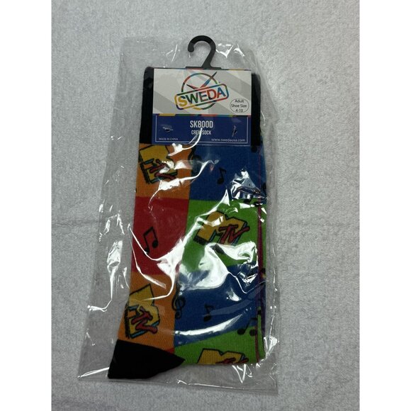 Sweda Adult Crew Socks Size 4-10 MTV Pattern Music Notes Colorful Novelty - Picture 1 of 3